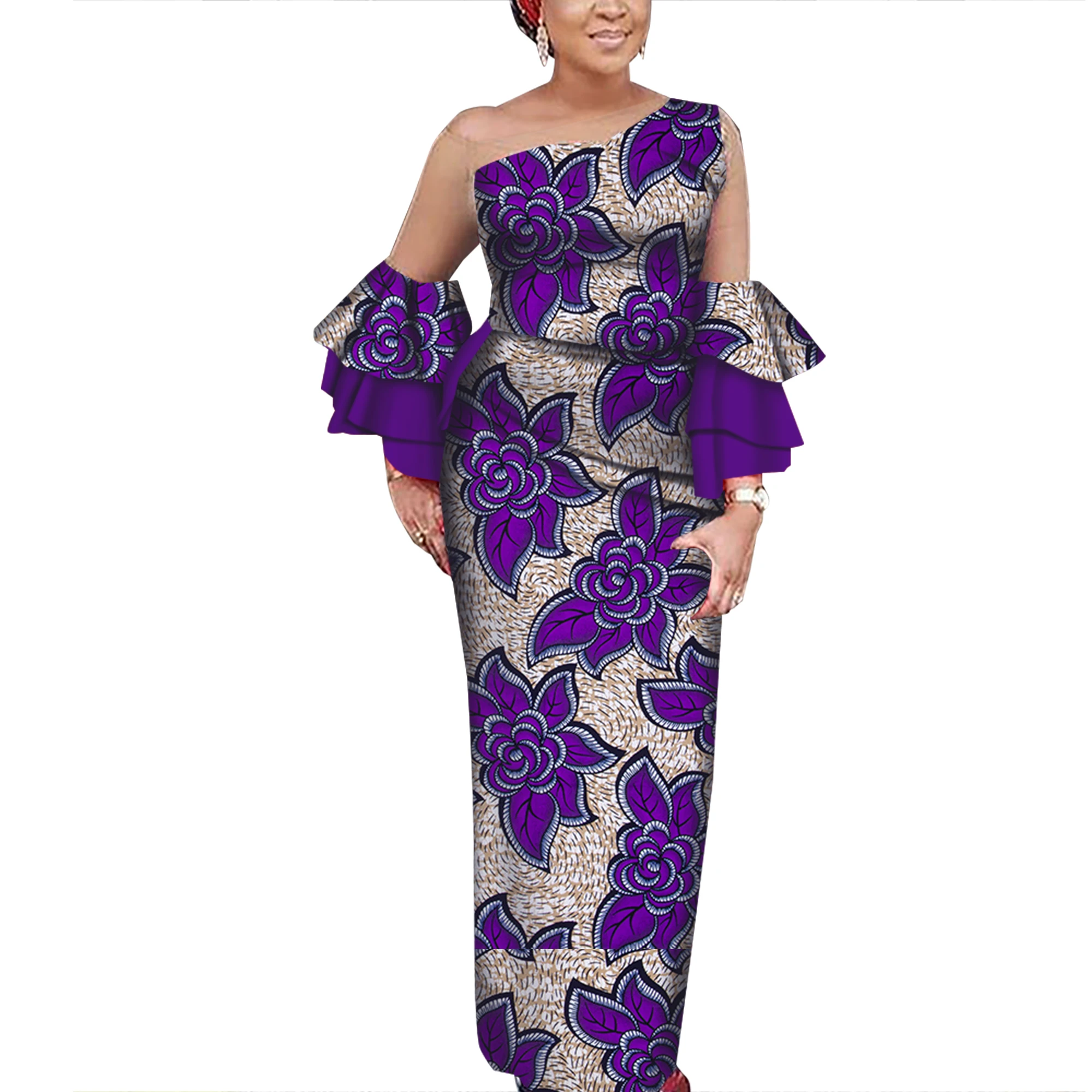 

ORIENTAR африканское платье макси на одно плечо с восковым принтом и прозрачными длинными рукавами, элегантная африканская одежда в Анкаре для свадебной вечеринки WY785