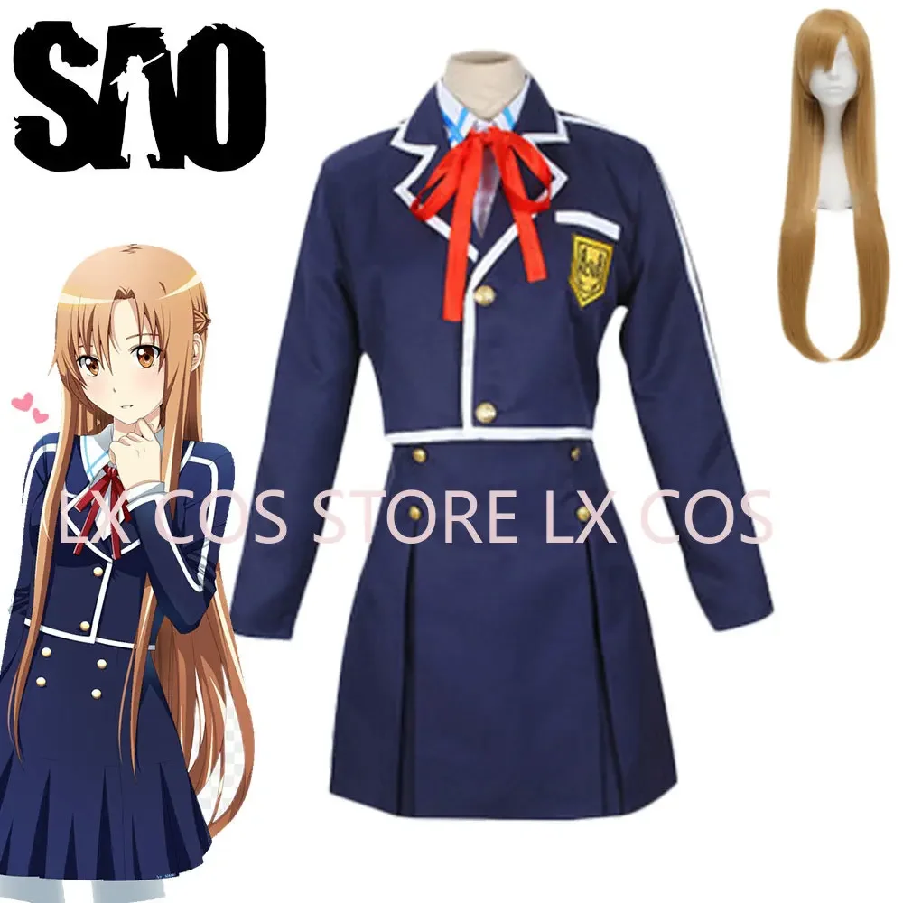 

Anime Sword Art Online SAO Yuuki Asuna School Uniform Coat Shirt Skirt Anime Outfit Customize Cosplay Costumes Wig