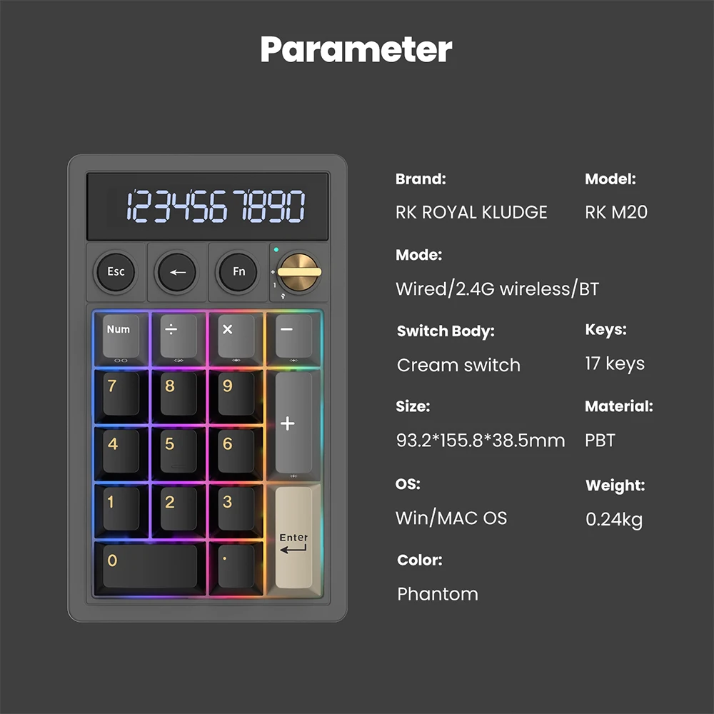 RK ROYAL KLUDGE M20 2.4 Wireless Numeric Keyboard 17 Keys PBT Keycaps RGB Gasket Knob Bluetooth Calculator Keypad Hot-Swappable