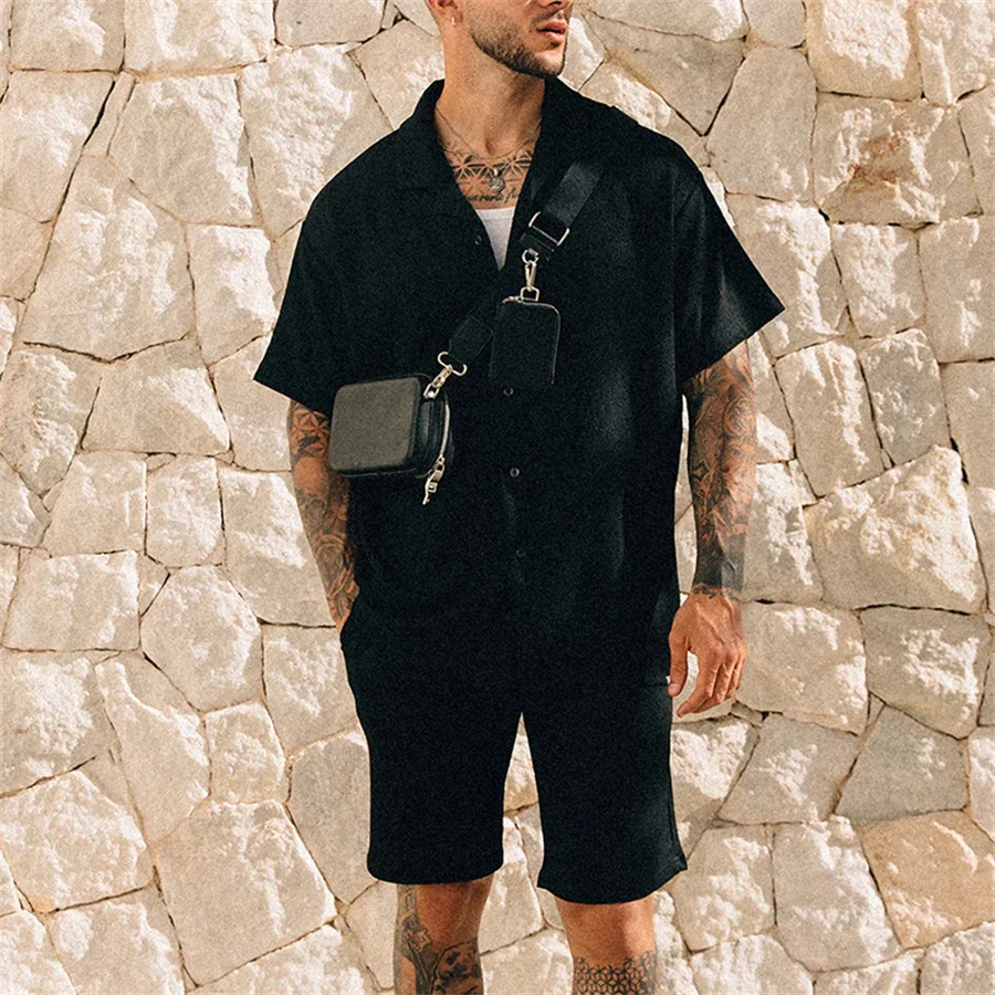 Summer Hot Men's Two-piece Short-sleeved Lapel Button-down Shirt And Shorts Beach Suit Men's Summer Wear Street Wear Sportswear