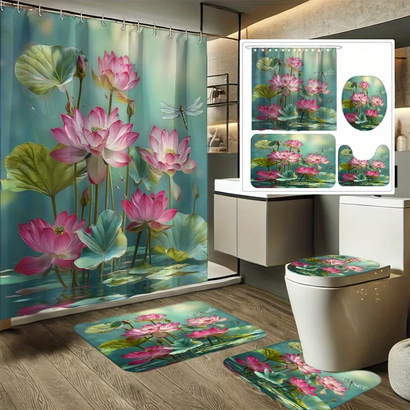 4pcs Summer for Lotus Water Dragonfly Dance Printed Shower Curtain Set, Bathroom Decorating Kit Includes Shower Curtain