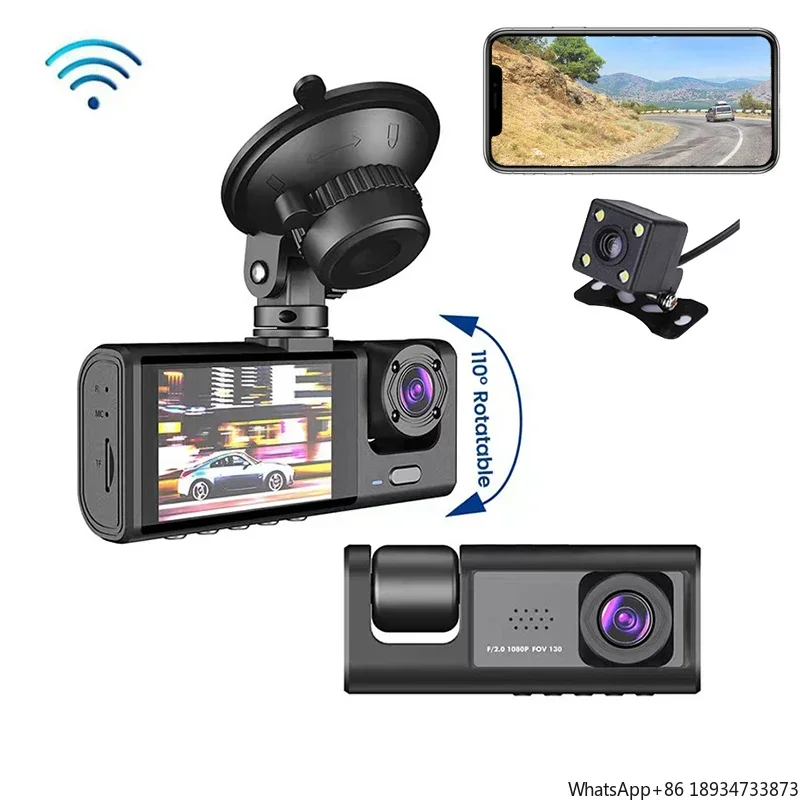 Newest Wireless Dashcam 2 inch IPS Screen Wifi Dash 1080P Front Rear and Inside 3 Lens Car Black Box