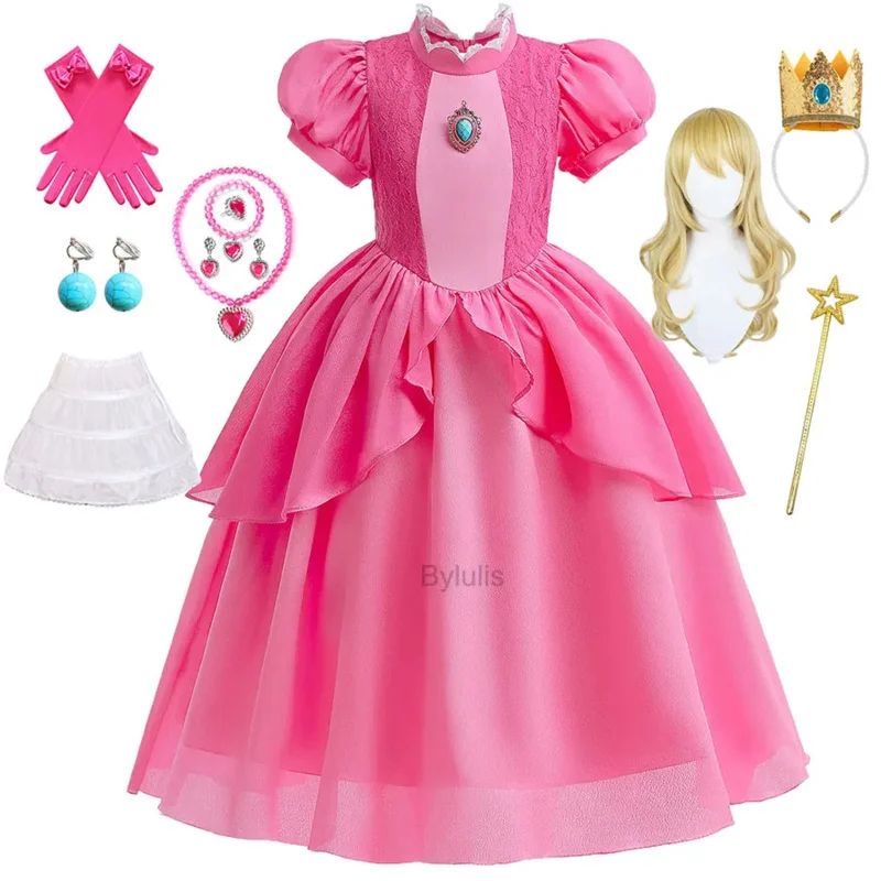 Vestido de princesa Peach, disfraz para niñas, juego de rol, Cosplay, trajes de fiesta de cumpleaños para niños, disfraces de Carnaval y Halloween