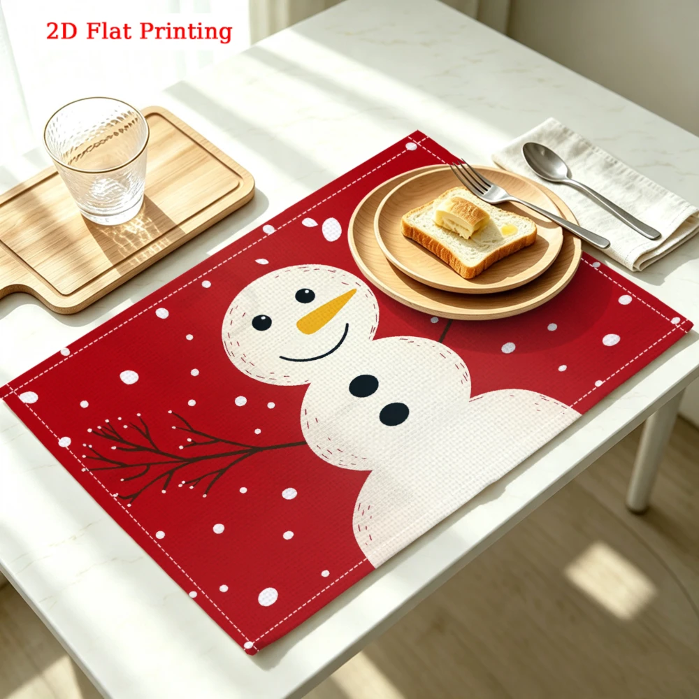 Snowman On Red Background Kitchen Placemat Coaster Linen Pad Dish Coffee Cup Table Mat 30x40cm Home Decor