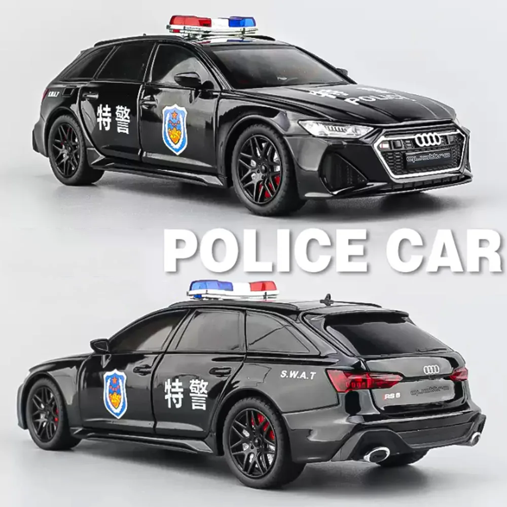 

1:24 Масштаб RS6 Полицейские автомобили Игрушки Модели из сплава Литые под давлением 6-дверные открытые миниатюрные автомобили Звуковой свет Игрушка для детей Коллекция подарков