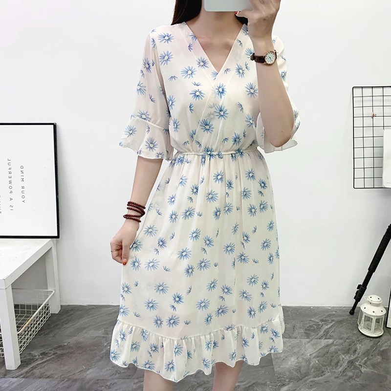 Boho Flower Chiffon Beach Dress Women Summer Short sleeved V-neck Casual Ruffle Midi Long Dress