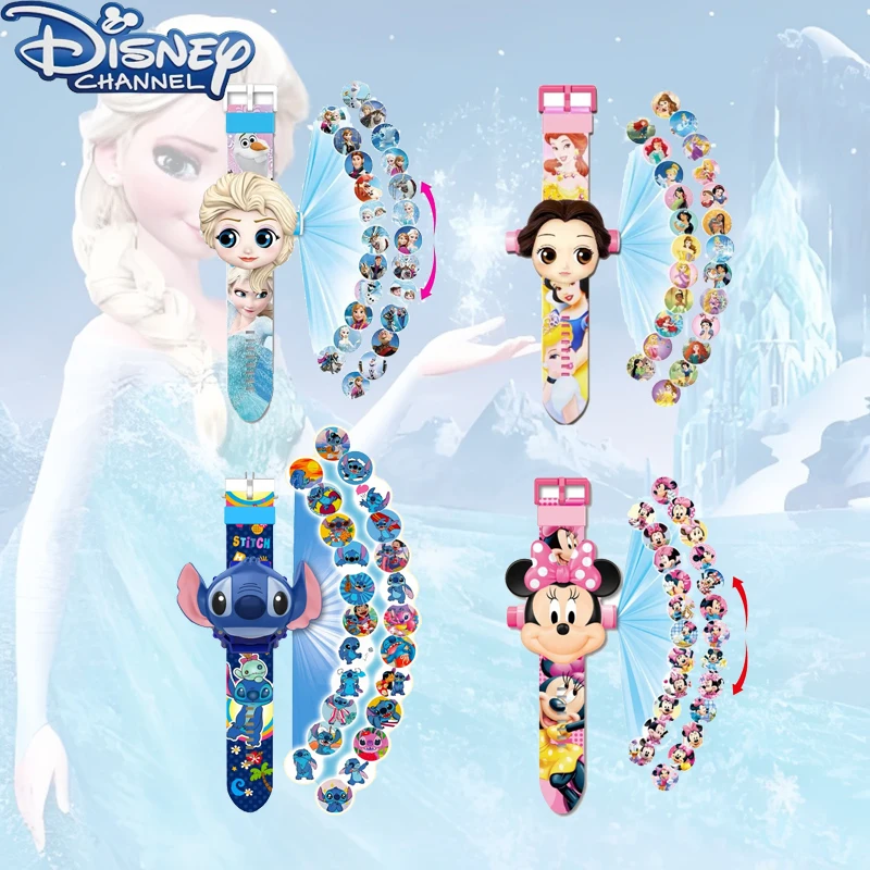 

Original Disney Cartoon Electronic Projection Watch Anime Figure Frozen 2 Lilo & Stitch Flip Cover Watch Toys Children Gifts