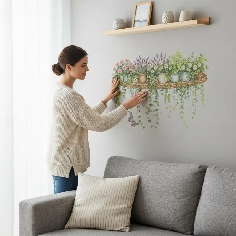 Potted Green Plants Wall Decal Self Adhesive Removable Realistic Vivid Print Sticker for Bedroom Bedside Background Home Decor