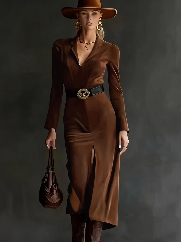 

Imitation Suede Vintage Women‘s Elegant Midi Dress Lapel Long Sleeve Bodycon Dress High Street With Belt Autumn Fashion Vestido