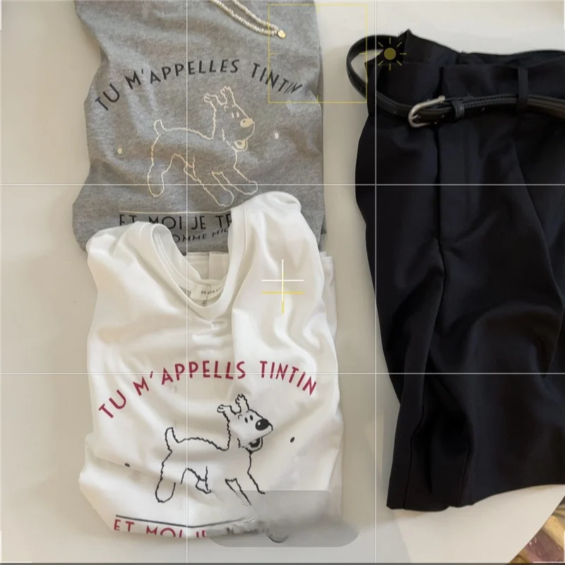 

Cute Dog Print Short Sleeve T-Shirt Women's Summer Loose Fit Pure Cotton Top Korean Style Casual round Neck Half Sleeve Tee