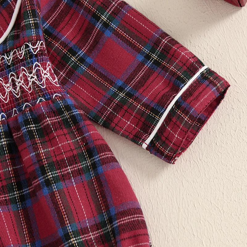 2024-07-26 Lioraitiin Baby Girl Christmas Bodysuit Short Sleeve Doll Collar Plaid Print Romper Newborn Winter Playsuit