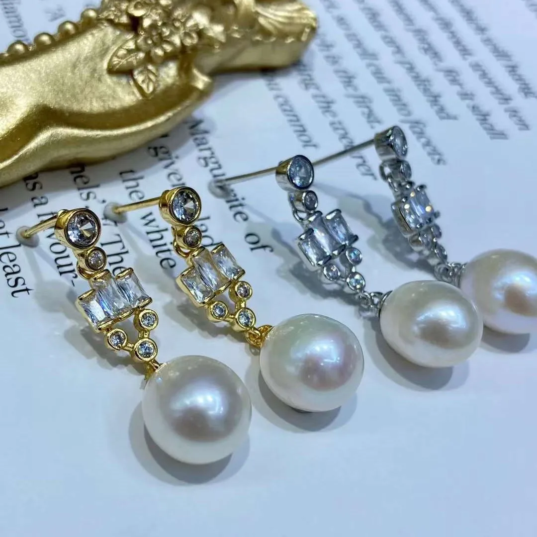 N Princess Earrings 9-10MM Natural High Quality Freshwater Rice Shaped Pearl Earrings Silver Pearl Jewelry