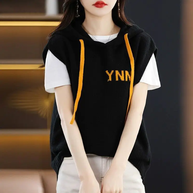 Casual Letter Knitted Sweater Vest 2023 Spring Autumn Sleeveless Female Clothing Korean Hooded Stylish Drawstring Loose Jumpers