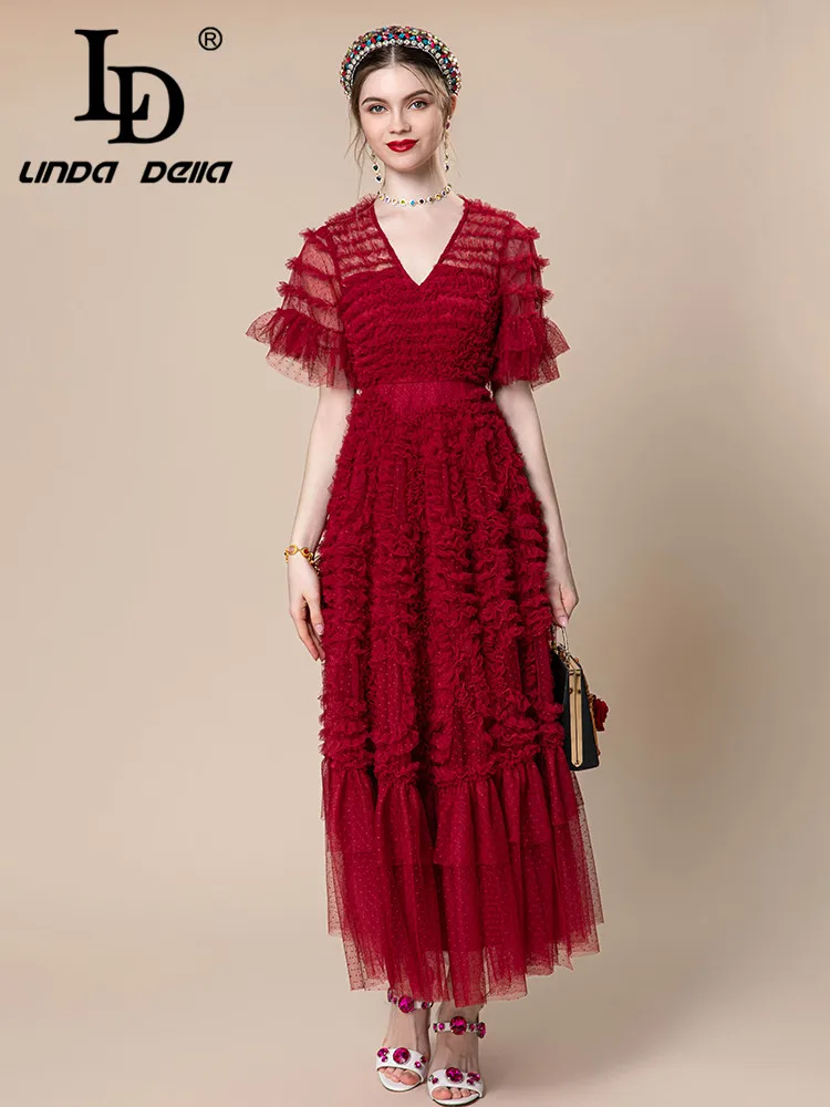 LD LINDA DELLA Summer Runway Vintage Dress Women's Wine red Wave point V-Neck Splice Cascading Ruffle Lace Striped Swing Dress