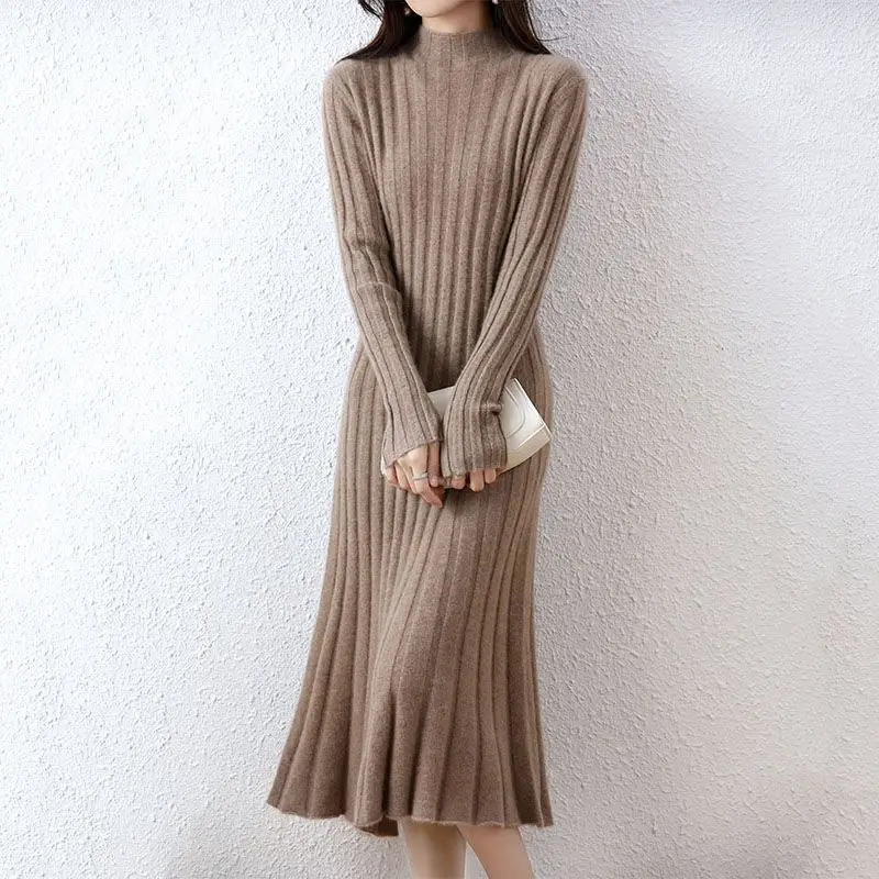 Solid Color Long Sleeved Knitted Dresses Casual Loose A-line Dresses Autumn Winter Half High Collar Women's Pullover Dresses