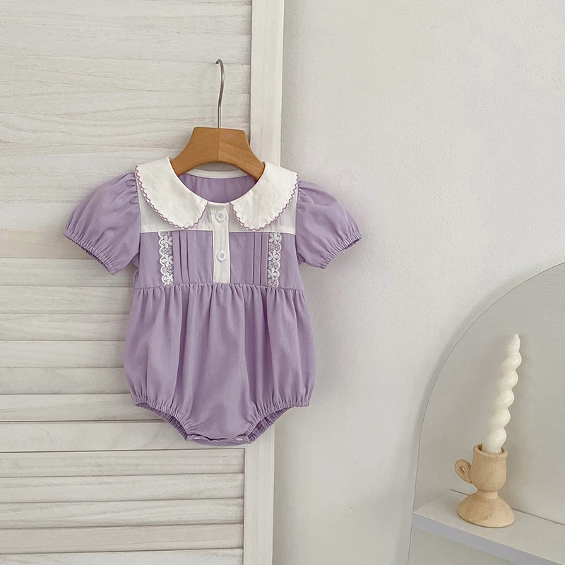 Korean Version Summer New 0-24M Baby Girls Purple Jumpsuit Short Sleeved Bodysuit Flower Embroidered Sweet Romper