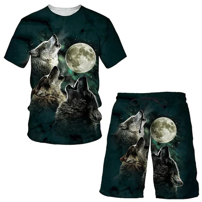 Fashiona summer men's round neck T-shirt set Forest Wolf 3D printed T-shirt shorts set Unisex casual sports short sleeved suit