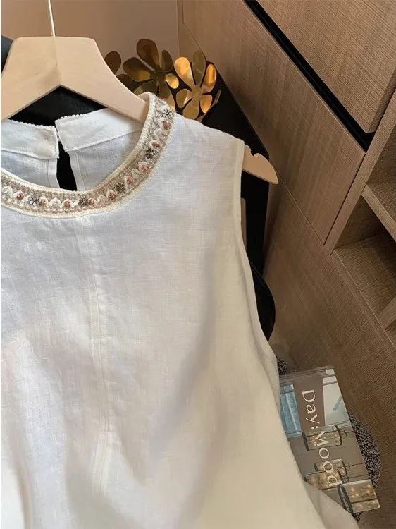 2025 Summer New Sle Ethnic Weaving Beaded Linen Vest Design Sense Top Korean Version Straight Cut No Sve round Ne Pure...