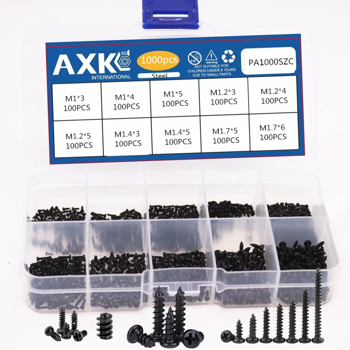 1000pcs/set M1/M1.2/M1.4/M1.7 Round Cross Head Stainless Steel Screws Pan Self Tapping Screw Set Assortment Kit Black