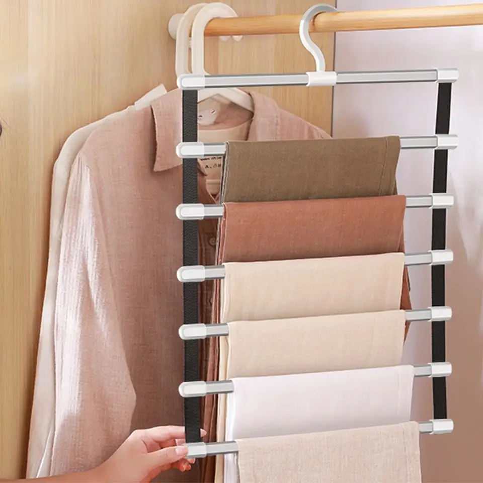 6/8 Layers Stainless Trouser Hanger Folding Pants Hanger Multifunctional Hanger For Pants Foldable Trouser Hangers For Wardrobes