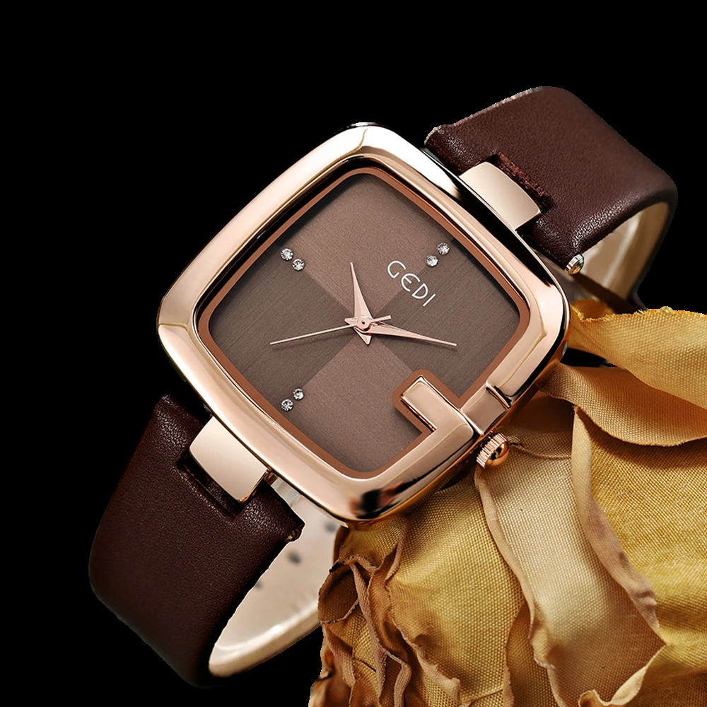 

Fashin Gedi Top Brand Women Square Clock Minimalist Waterproof Quartz Ladies Brown Leather Casual Simple Female Wrist Watches