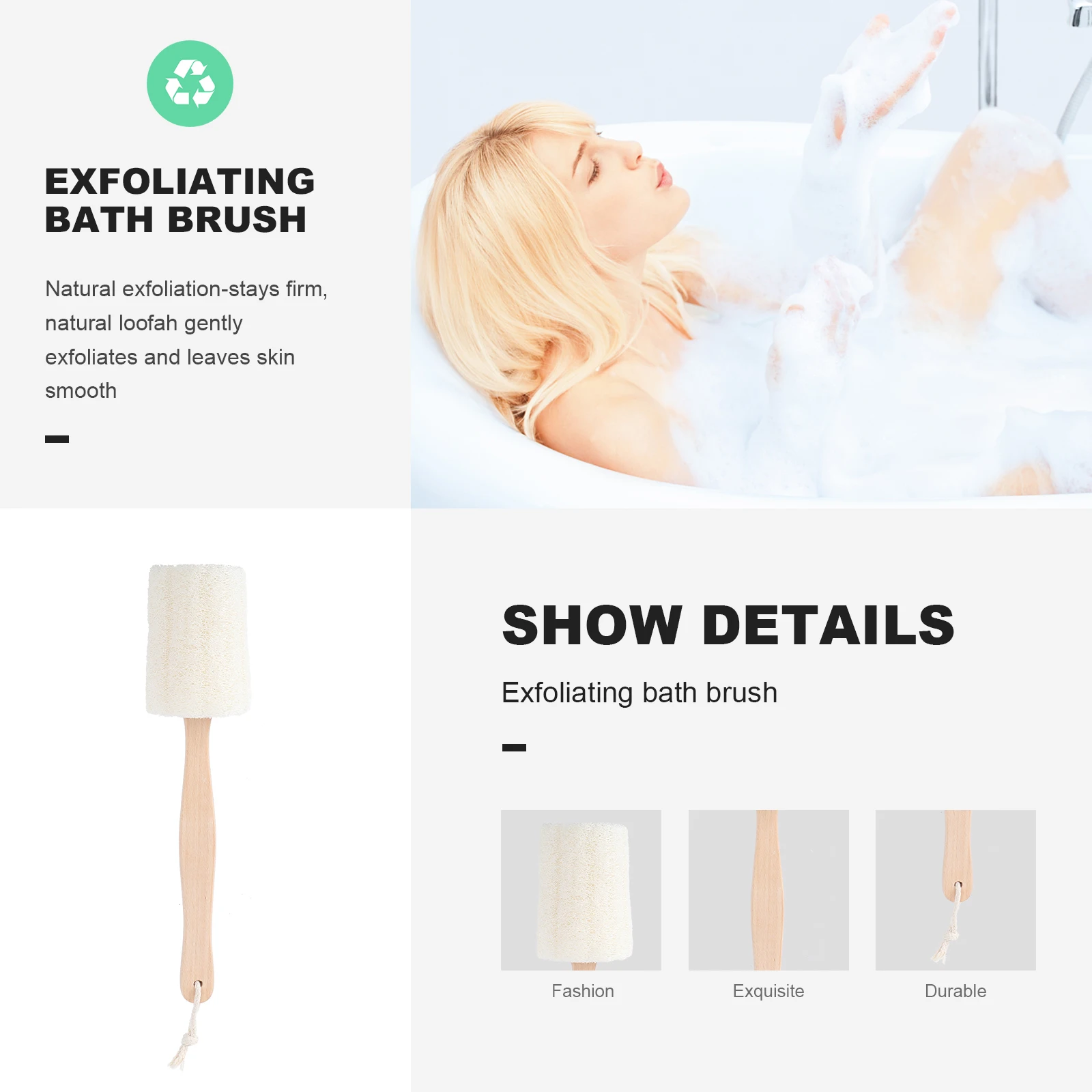 Spazzola per la schiena in luffa Manico lungo in legno Spugna per doccia esfoliante naturale per il corpo da bagno Corda per appendere ad asciugatura rapida Bagno domestico