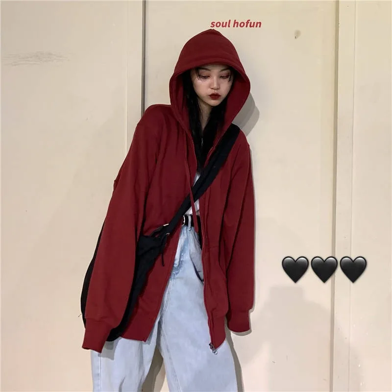 Hoodie Sweatshirts for Women Autumn Korean Loose Fleece Hooded Zipper Long Sleeved Cardigan