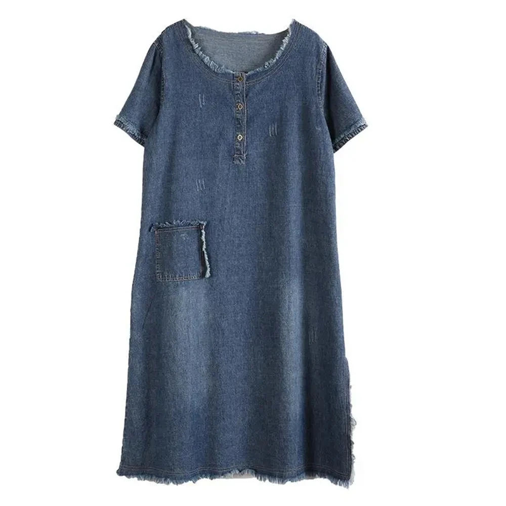 2023 Summer Women\'s Casual O Neck Short Sleeve Jean Dresses Female Pullover Denim Loose Mid Calf Dress