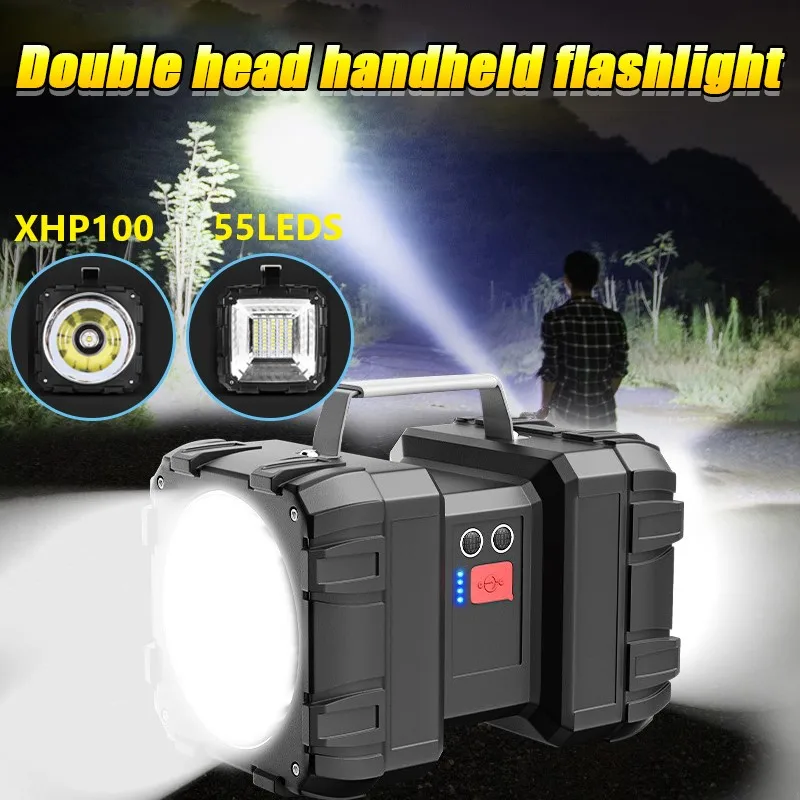 

Double Head Powerful Handheld Fashlight XHP100 USB Rechargeable Floodling Light High Power Searchlight Outdoor Camping Hand Lamp