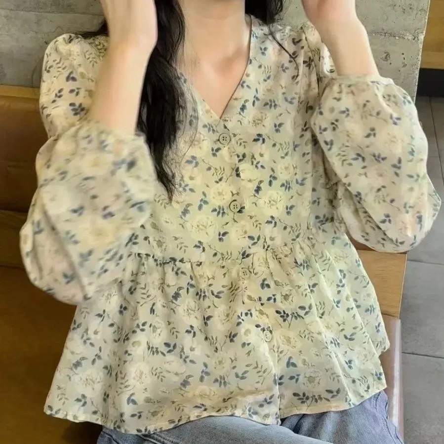 

Long Sleeve Shirts Womens Chiffon Button Down Blouses Slim Fit Retro Casual French Style Feminine Autumn Comfortable Streetwear