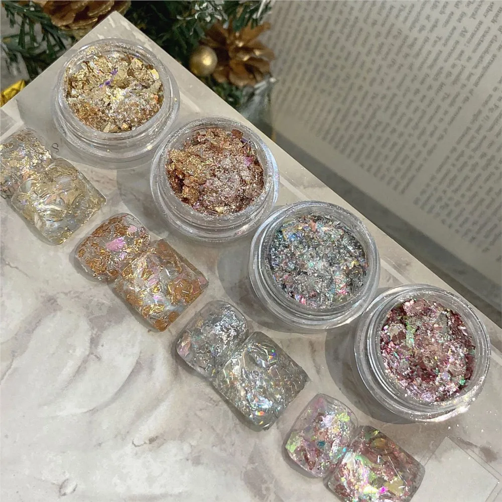 4jars Sparkly Gold Silver Foil Opal Nail Glitter Flakes Irregular Ice Crystal Opal Sequins Fairy Iridescent Nail Decoration U4/