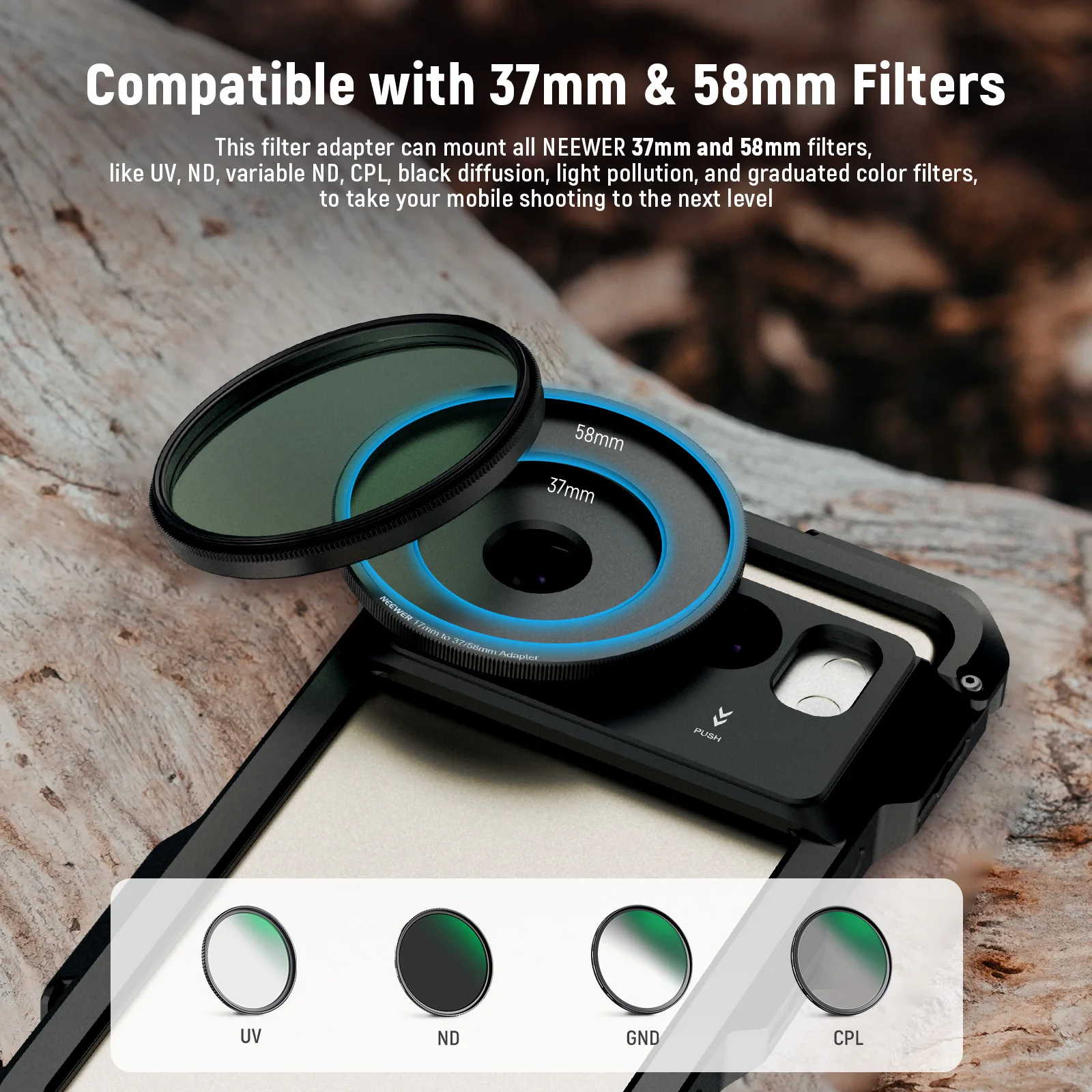 NEEWER 17mm to 37mm & 58mm Lens Filter Adapter Ring For Beastgrip 37mm Lenses 58mm Filters 15 Pro Max S24 Ultra Phone Cage Rig