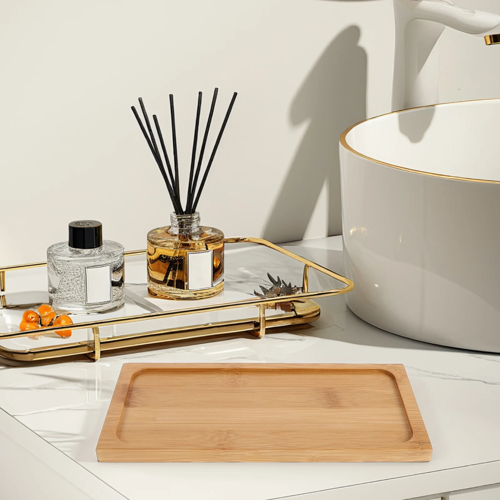 

2Pcs Wooden Tray Japanese Rectangular Wood Vanity Platter Bathroom Organizer Serving Plate for Home Hotel Tea Tray