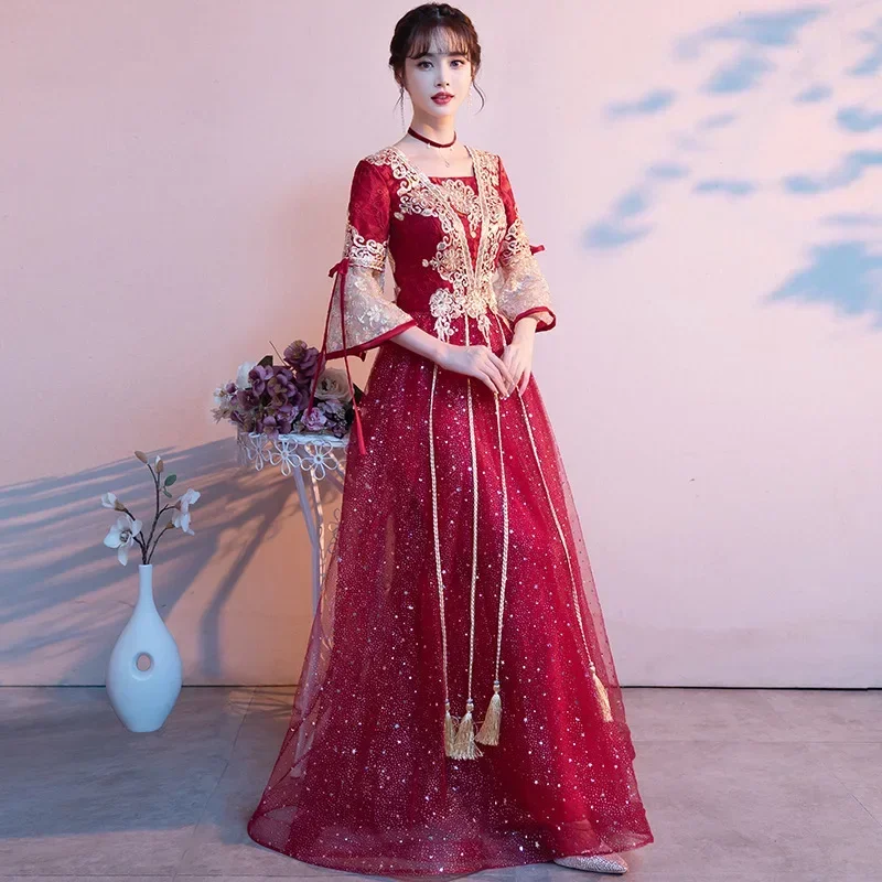 

Red Bridal Dress Chinese Wedding Cheongsam Dresses Pregnant Woman Qipao Evening Gow Embroidery Elegant Toasting Clothes