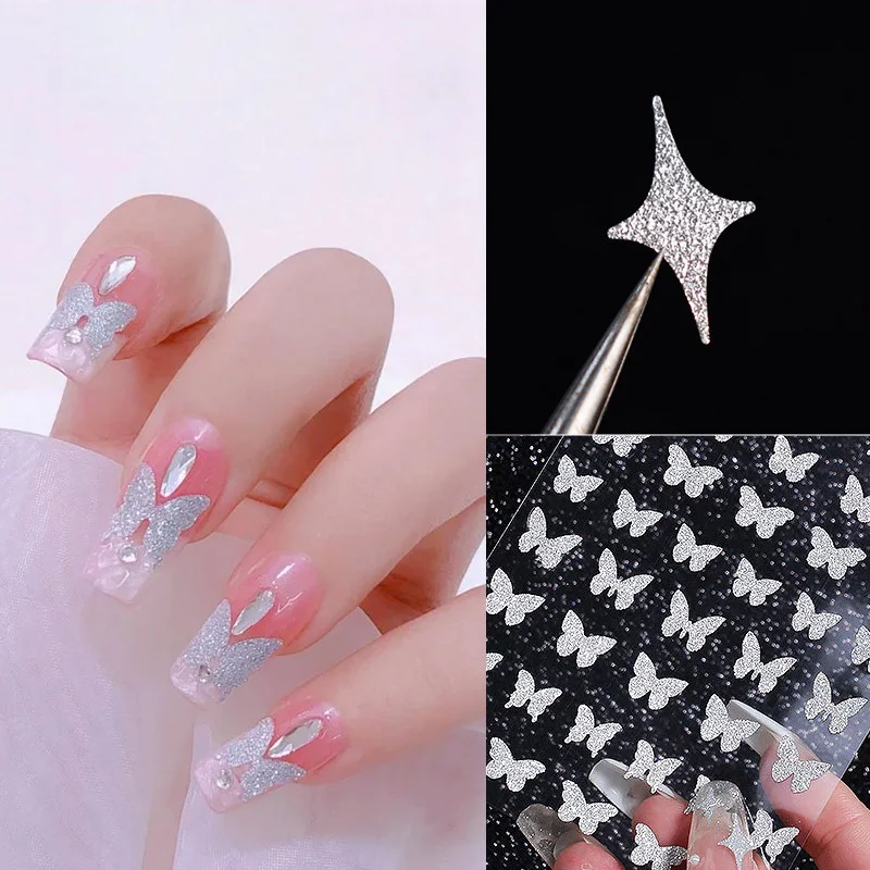 1Pcs Laser Star Nail Sticker Silver Embossed Heart Butterfly Bear Flame Glitter Back Glue Nail Sliders Sparkly Decal Decorations