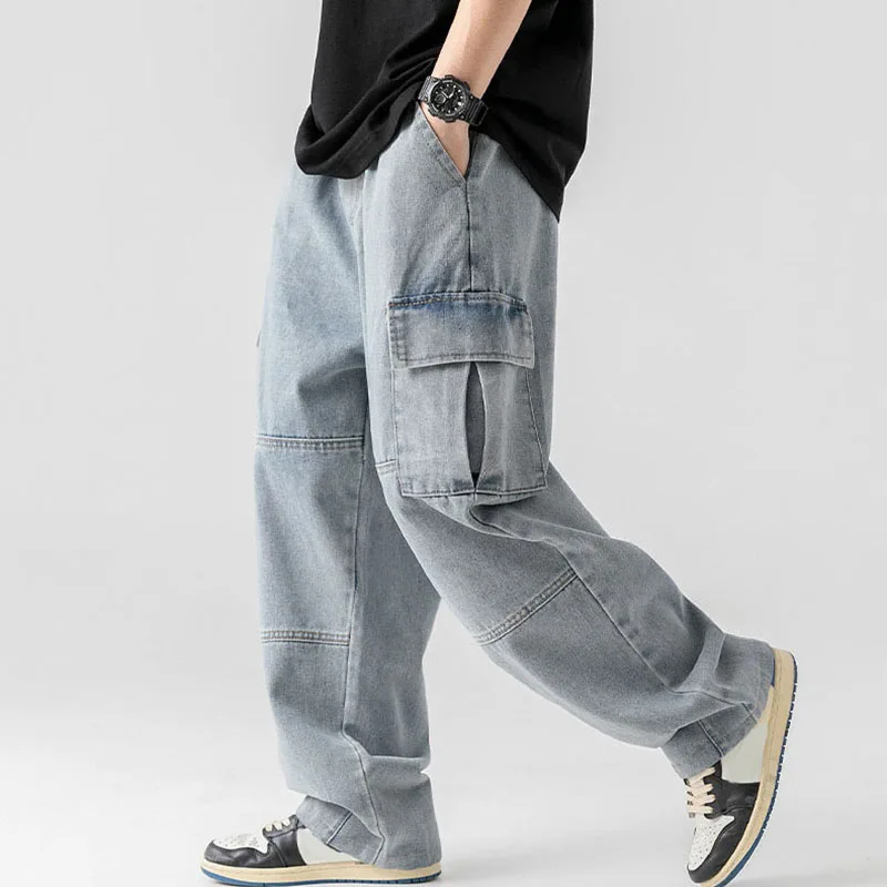 Idopy Multi-pocket Cargo Men's Jeans Loose Straight Vintage Elastic Waist Hip Hop Street Style Denim Pants Trousers