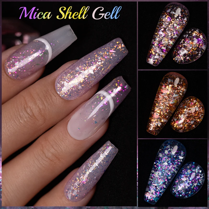 PUENTE Colorful Glitter Gel Nail Polish Sparkling Mica Shell Sequins Semi-permanent Varnish Soak Off UV Nail Art Gel Manicure