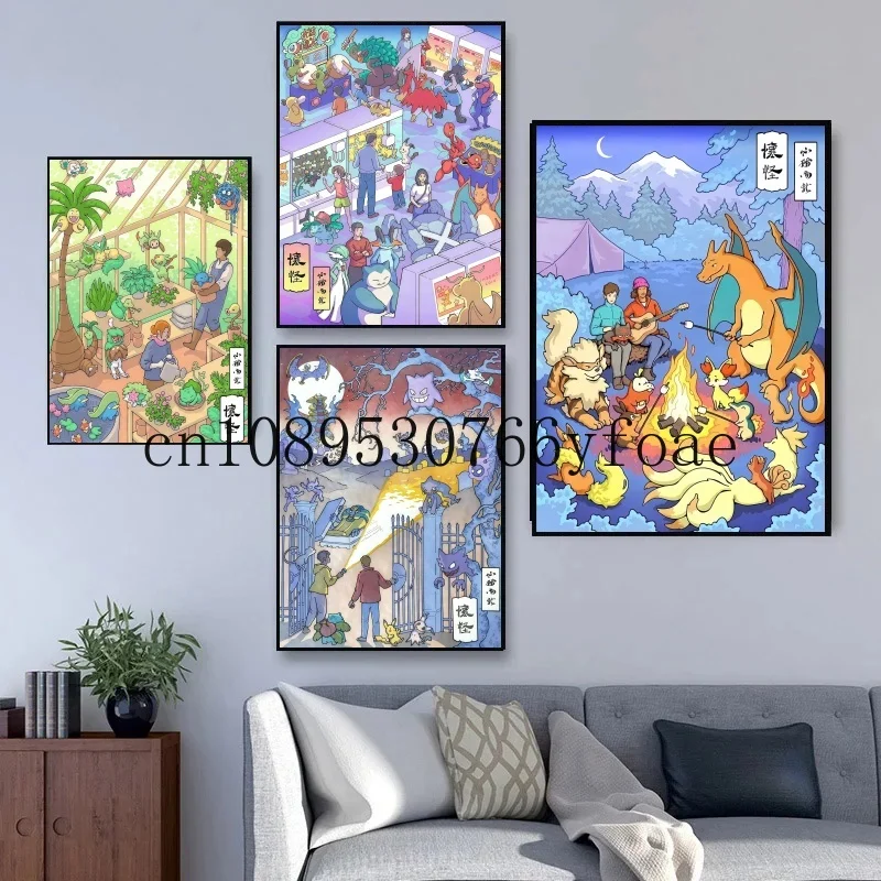 

Pokemon Anime Vintage Posters Peripherals Squirtle Canvas Painting Charizard Fight Picture for Bedroom Birthday Wall Decor Gifts