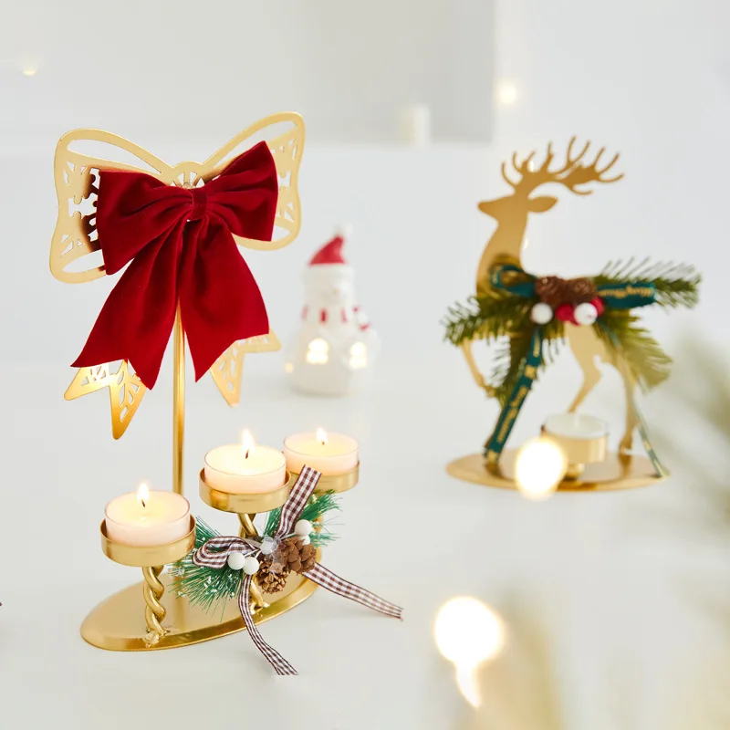 Christmas Deer Bowknot Candle Holder Modern Table Candlestick Ornament Desktop Decoration for Xmas Holiday Wedding Fireplace