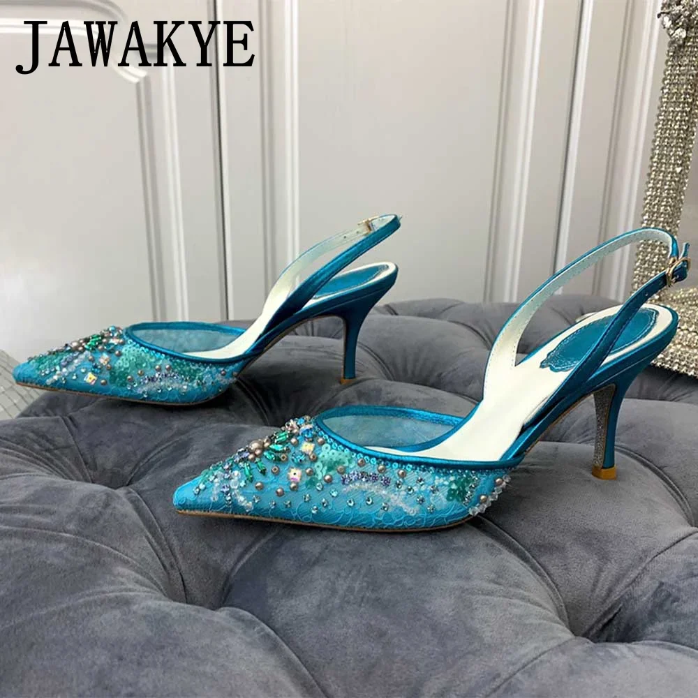 2024 New Summer Women High Heel Sandals Elegant Crystal Studded Slingback Party Banquet Shoes Pointy Toe Shallow Sandals