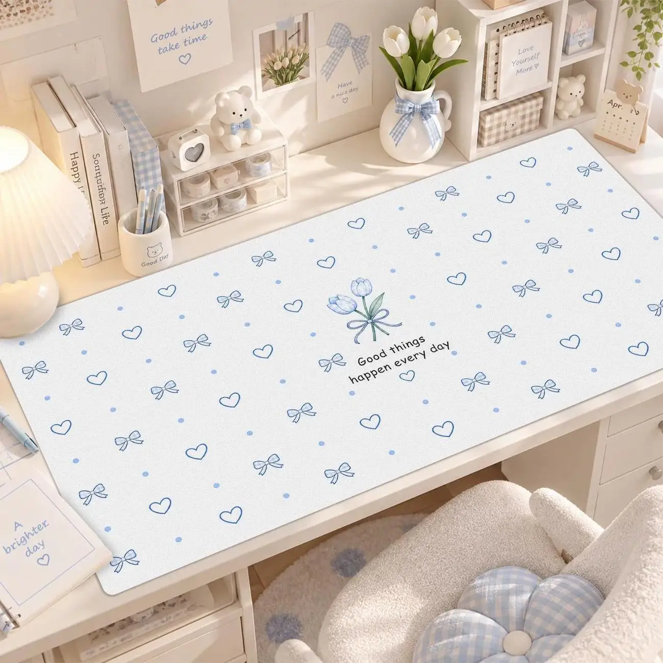 Light Blue Cherry Bow PU Leather Mouse Pad Cute Cartoon Game Keyboard Pa Fresh Computer Deskpad 90x40cm Gradient Color Mouse Mat