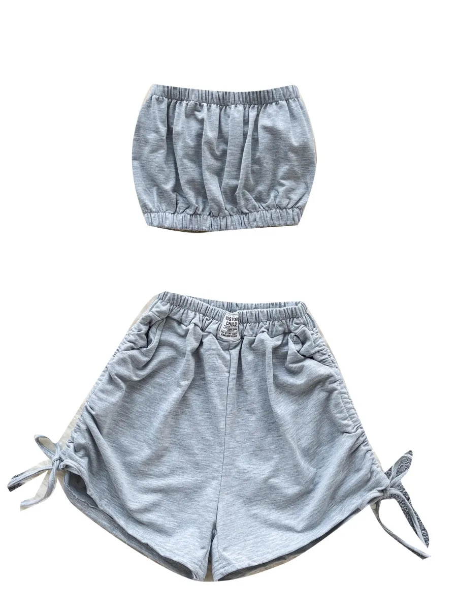 Foamlina Dopamine Pure Desire abgeschnittenes Bandeau-Top für Damen, Sommer, elastische Taille, weites Bein, Kordelzug, Shorts, zierliches zweiteiliges Set