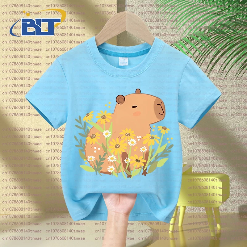 Capybara with daisy flowers print kids summer T-shirt set children's cotton short-sleeved shorts 2-piece set for boys and girls