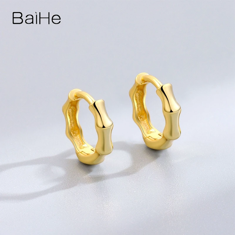 BAIHE Solid 14K White/Yellow/Rose Gold bamboo joint Ear clip earring for women men Trendy Daily wear Fine Jewelry أقراط kolczyki