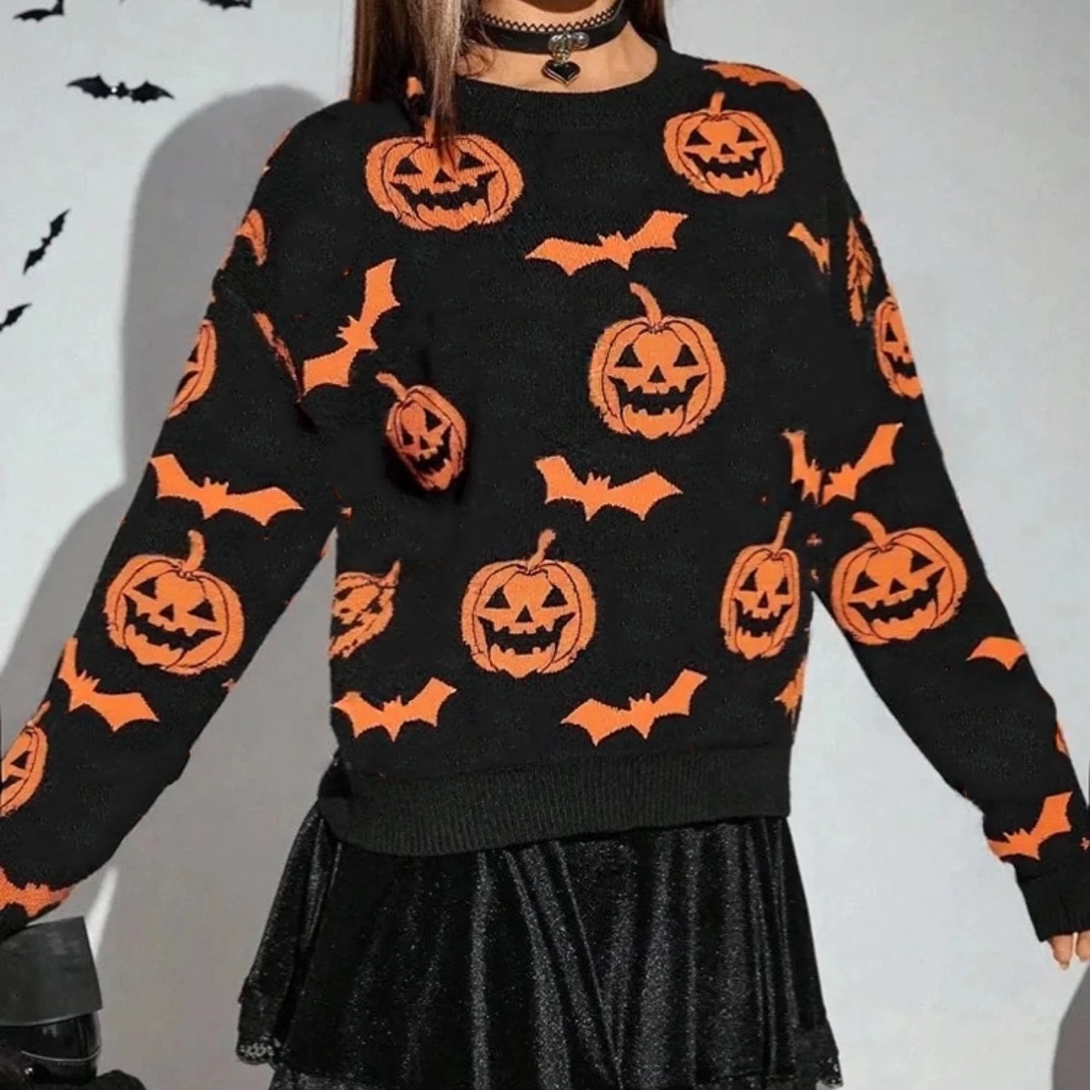 Women's Cute Halloween Pumpkin Knit Sweater Classic Long Sleeve Patchwork Quality Loose Pullovers