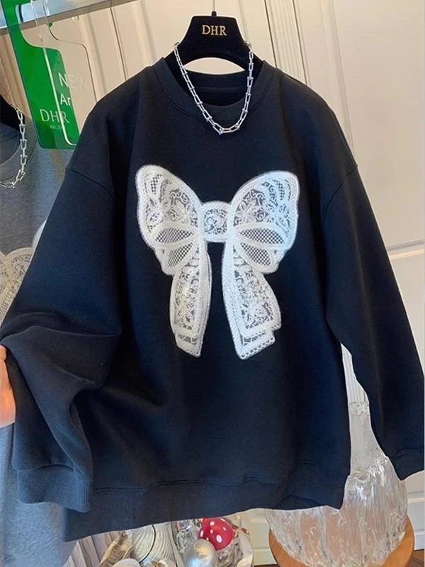 

Korean Style Fleece Lined Loose Women's Sweatshirt with Lace Knot Winter Trend Outerwear Casual Top Age Defying