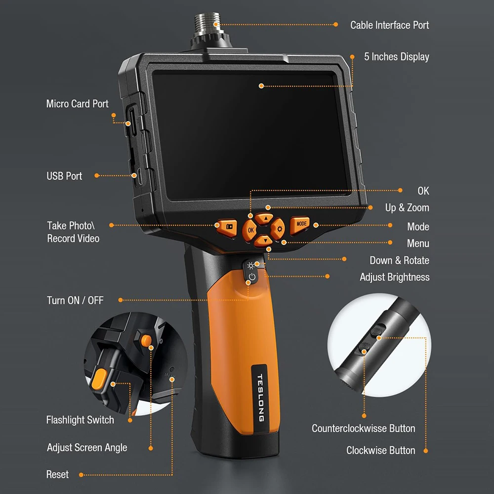 TESLONG NTS300 5-inch IPS Screen Borescope Dual Lens Endoscope Camera with 360° Mechanics Rotation Probe HD 1080P