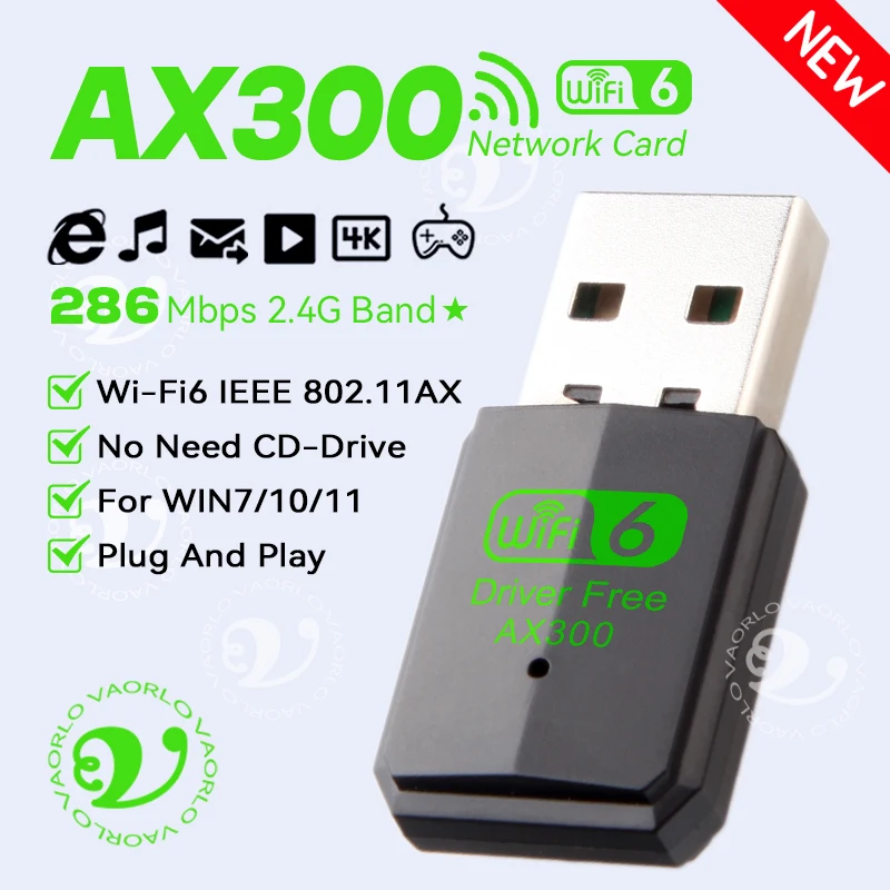 واي فاي USB محول لاسلكي AX300 Wi-Fi6 2.4 جيجا هرتز 802.11AX بطاقة الشبكة اللاسلكية استقبال دونغل للكمبيوتر/الكمبيوتر المحمول Win7/10/11 محرك مجاني