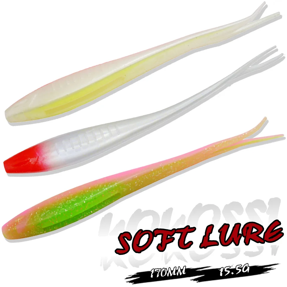 KoKossi 3PCS/LOT Soft Lure 170MM/15.5G Artificial Silicone Swimbait V-shape Split Tail Worm Soft Bait Perch Pike Fishing Tackle