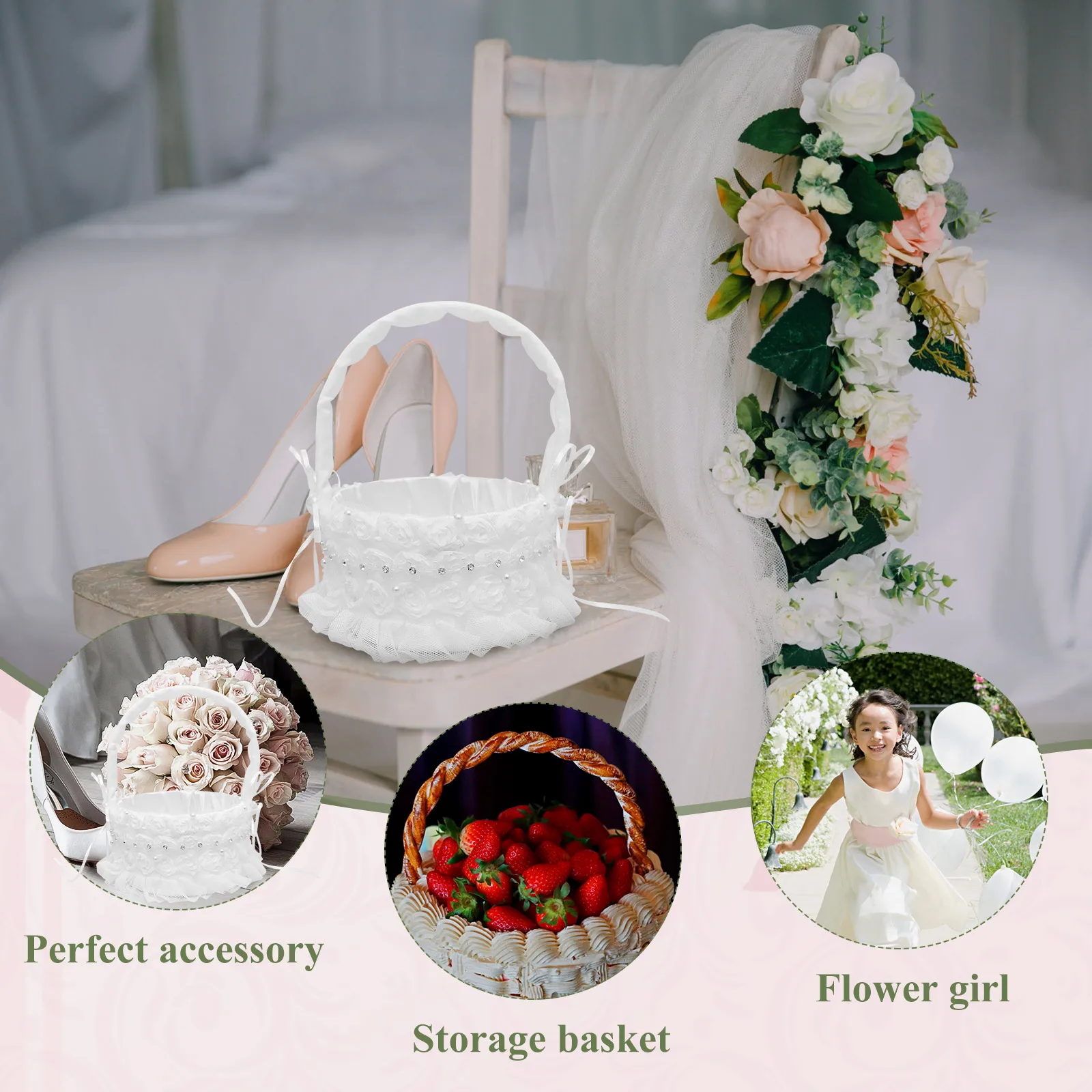 

Rose Flower Basket Lace Satin Elegant Wedding Basket for Flower Girls Petal Gifts Storage Wedding Ceremony Decoration